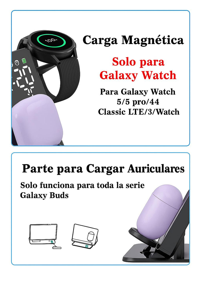 Cargador Inalámbrico 3 en 1: Carga Rápida para Samsung Galaxy Watch y Más