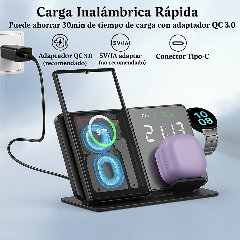 Cargador Inalámbrico 3 en 1: Carga Rápida para Samsung Galaxy Watch y Más