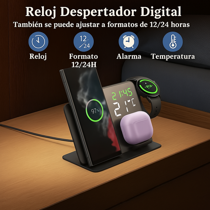 Cargador Inalámbrico 3 en 1: Carga Rápida para Samsung Galaxy Watch y Más